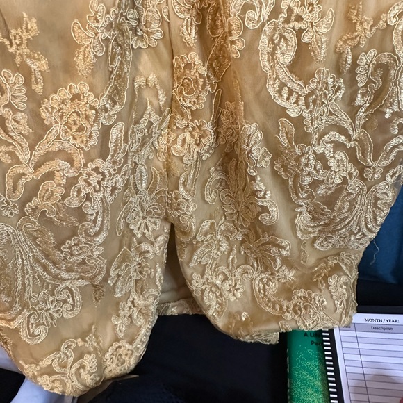 Gold Lace Embroidered Dress with Sequins and Waist Rhinestone Detail - Picture 4 of 6